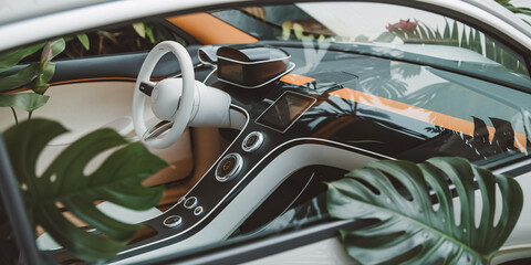 Eco-Friendly Electric Car Interior with Lush Greenery. A futuristic electric car interior concept showcasing a minimalist design with lush greenery integrated into the dashboard.
