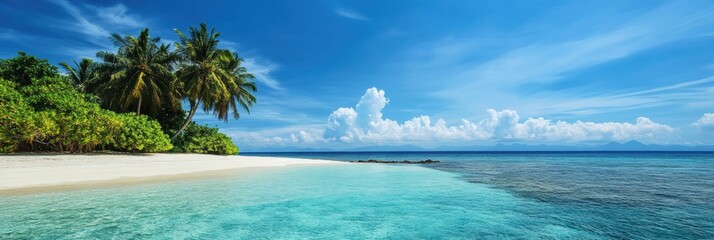 Explore an empty tropical beach with clear waters and lush palm trees on a sunny day. Generative AI
