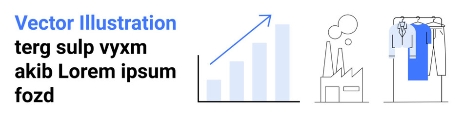 Business growth chart with upward arrow, factory building with smoke, and clothing rack with hanging garments. Ideal for business analysis, industrial development, fashion, economy, production