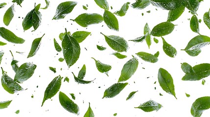 Naklejka premium Dew-Kissed Green Leaves: A Vibrant, Falling Leaf Composition