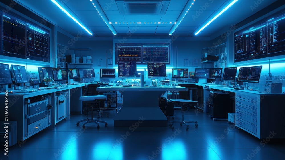 Poster futuristic control room: advanced technology and data monitoring center