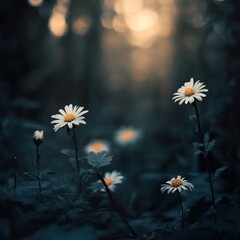 Sunlit daisies in a dark forest.