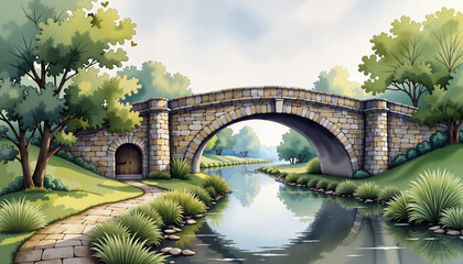 Fototapeta premium Historic stone bridge over serene river in lush landscape, harmony, St. Patrick's Day, watercolor painting