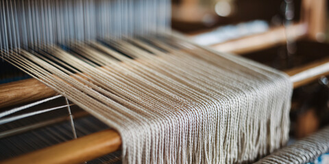 Close-up of Traditional Loom with Threads. Detailed view of a traditional weaving loom with threads in various stages of weaving, highlighting the intricate process of textile creation.