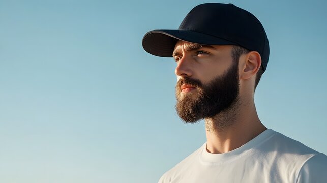 A bearded man wearing a black cap gazes into the distance