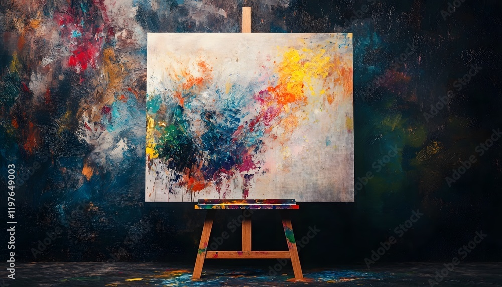 Poster vibrant abstract painting on wooden easel with colorful brushstrokes set against a dynamic artistic 
