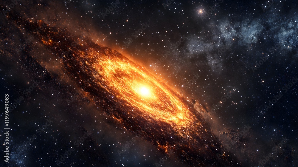 Poster stunning spiral galaxy with vibrant orange core and starry background illustrating the beauty of out