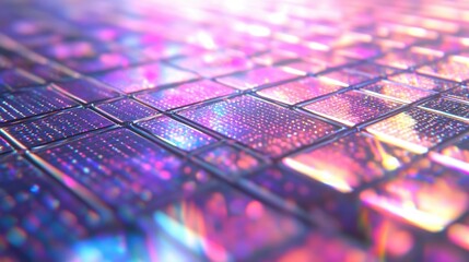 A detailed look at solar panels showcasing their textured surface and shiny photovoltaic cells as sunlight reflects off them creating a shimmering effect.