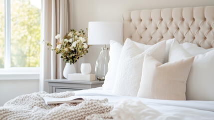 Cozy bedroom with tufted headboard, soft pillows, and decorative flowers. serene atmosphere invites relaxation and comfort, perfect for restful night