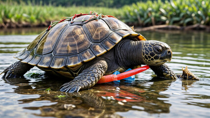A sea turtle entangled in plastic debris on the beach.
