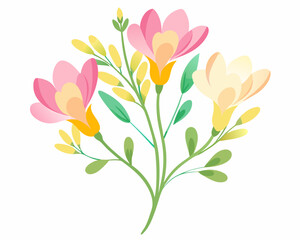 Delicate Watercolor Freesia Illustration with Pink and Yellow Buds in Minimalist Floral Art
