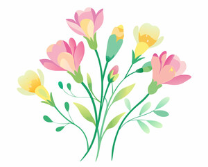 Delicate Watercolor Freesia Illustration with Pink and Yellow Buds in Minimalist Floral Art