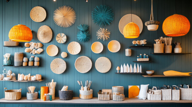 Stylish home decor featuring woven baskets, wall art, and vibrant colors. This arrangement showcases blend of textures and materials, creating warm and inviting atmosphere