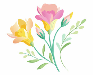 Delicate Watercolor Freesia Illustration with Pink and Yellow Buds in Minimalist Floral Art