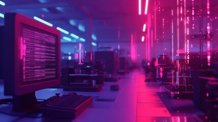 Obraz premium An artistic rendering of a digital twin of a quality control area showing automated inspection processes alongside an actual inspection station emphasizing quality assurance improvements