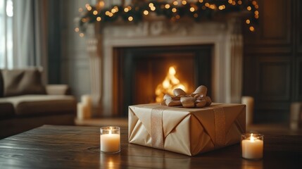 Cozy holiday scene featuring a beautifully wrapped gift on a wooden table with a fireplace backdrop