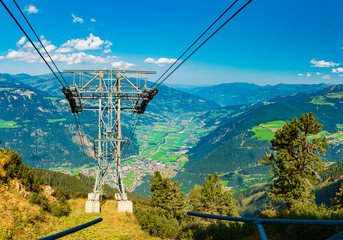 High resolution stitched alpine summer panorama with a cable car support at Mount Ahorn, Mayrhofen,...