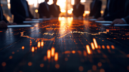 image depicts business meeting with digital financial graph projected on table, symbolizing data analysis and decision making in corporate environment