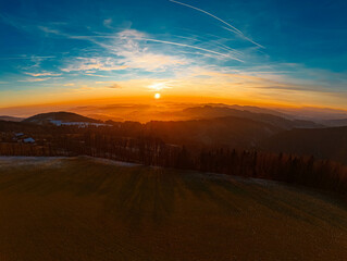 High resolution stitched winter drone panorama captured in flight near Kostenz, Perasdorf, Straubing-Bogen, Bavarian Forest, Bavaria, Germany