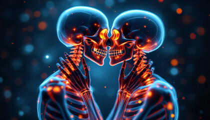 Skeletal Embrace: A Glowing, Romantic X-Ray Art Piece
