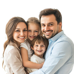 Fototapeta premium A cheerful family of four smiling together against a bright transparent background, exuding love and joy, Beautiful smiling Lovely family on background, transparent background.