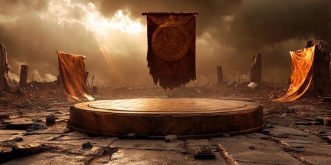 3D bronze podium. Ancient battlefield 3D background with scattered relics, worn banners, and a stormy sky. Epic and historic.