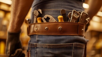 Close-Up of Worker with Open Tool Belt Holding Tools, Construction Site Background, Carpentry, Craftsmanship, Industrial, Labor, Safety