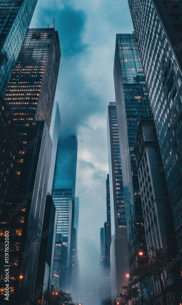 Poster tall skyscrapers framed by a moody sky in a bustling urban setting at twilight. generative ai