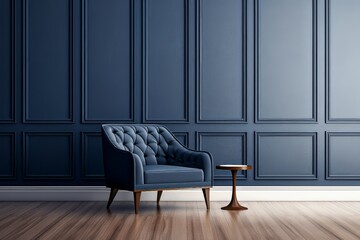 Modern living room featuring a tufted blue chair and wooden side table