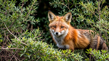 Obraz premium Red fox peeking out from bushes in natural habitat