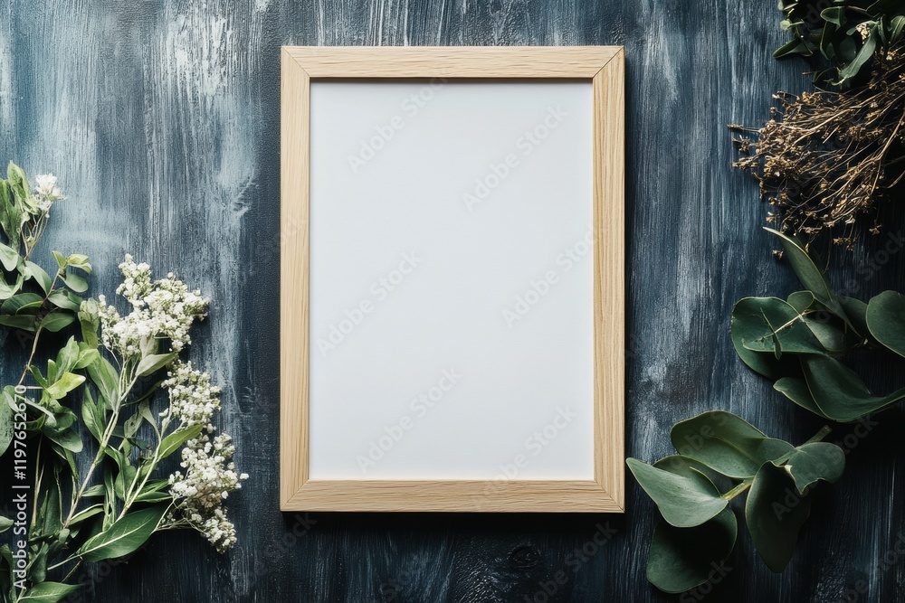 Leinwandbilder mock up frame placed on a rustic surface surrounded by green leaves and white flowers providing spac