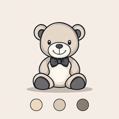 Obraz premium Cartoon teddy bear with bow tie sits centered with three color swatches below, for children's design
