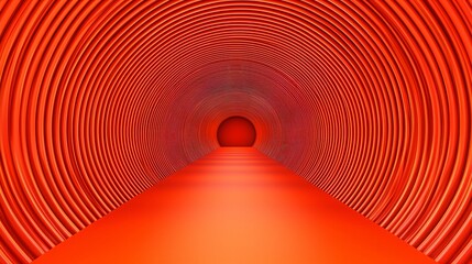 Abstract red tunnel with concentric circles and a path leading to a light at the end.