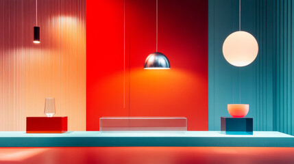 Modern interior design featuring colorful lighting and decor elements. vibrant red, blue, and orange walls create striking backdrop for stylish hanging lamps and decorative objects