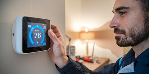 Adjusting Smart Thermostat. Close-up of a technician adjusting a modern smart thermostat on a wall, setting the temperature for optimal home comfort.