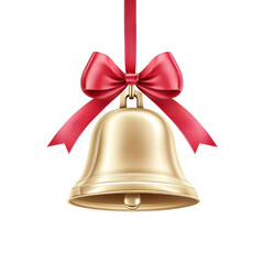 A beautifully crafted Christmas bell adorned with a vibrant red ribbon hanging against a simple background, A realistic a Christmas bell with a red ribbon. isolated, transparent background.