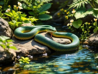 Fototapeta premium Vibrant Green Snake Coiled on Rock by Pond