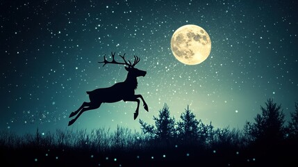 Fototapeta premium Reindeer Running Across the Sky with Moon