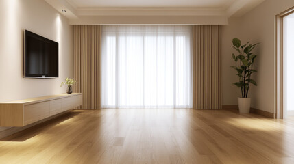 Obraz premium Modern living room with wooden flooring, large windows, and minimal decor. space features wall mounted TV, stylish plant, and soft natural light creating serene atmosphere