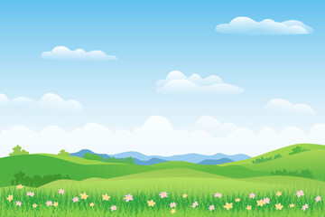 Landscape of green fields and meadows against the backdrop of mountains and hills. Beautiful flowers and lush green grass in summer fields and meadows. Landscape of spring nature.