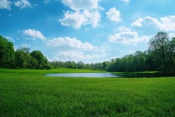 Lush green meadow with serene water body under a clear blue sky and fluffy clouds during daylight in a tranquil landscape. Generative AI