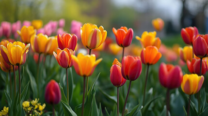 Vibrant Red and Yellow Tulips in a Blooming Spring Garden