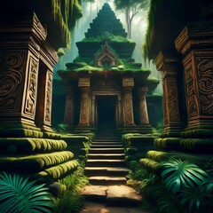 Naklejka premium A hidden jungle temple with ancient carvings
