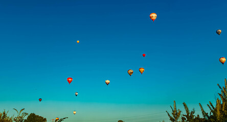 Summer view with lots of hot air balloons near Landshut, Bavaria, Germany