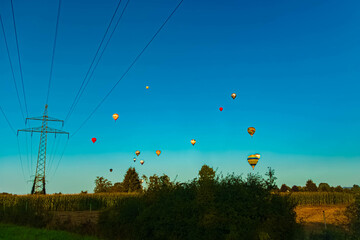 Summer view with lots of hot air balloons near Landshut, Bavaria, Germany