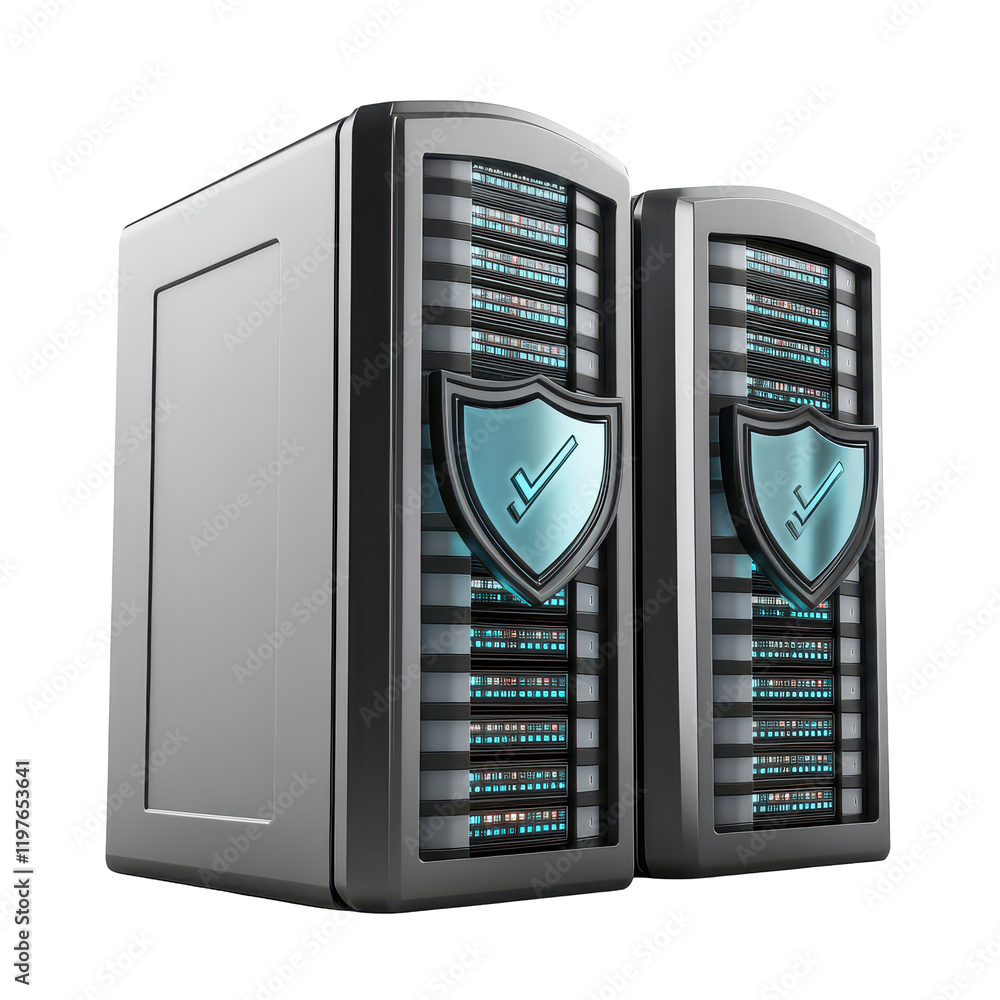Poster cartoon illustration of secure data servers protected with shields on a transparent background, 3d c