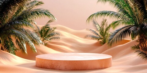 Obraz premium 3D sandstone podium. Desert oasis 3D background with palm trees, dunes, and a sparkling water source. Exotic charm.