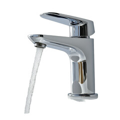 Water flowing from a modern faucet in a clean Png setting with minimalistic design and bright lighting, a running faucet with water flowing out, transparent background.
