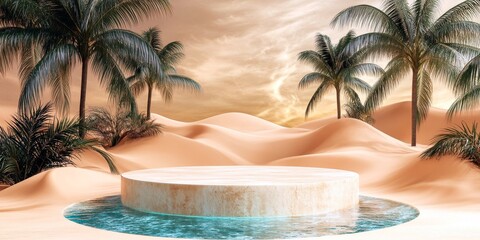 3D sandstone podium. Desert oasis 3D background with palm trees, dunes, and a sparkling water source. Exotic charm.