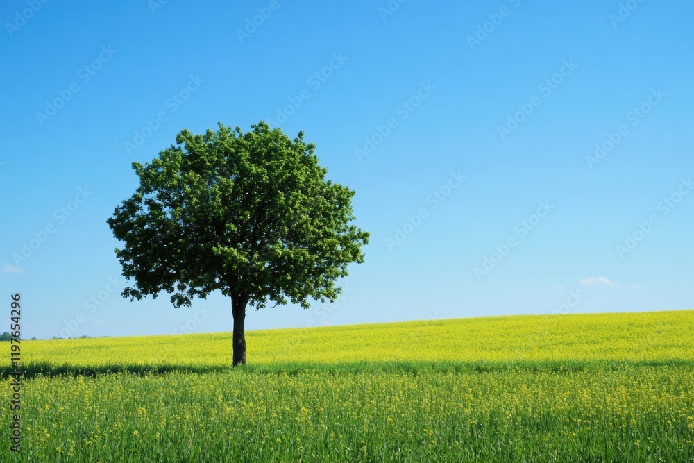 Poster bright green tree standing in a vibrant field under a clear blue sky during daytime. generative ai